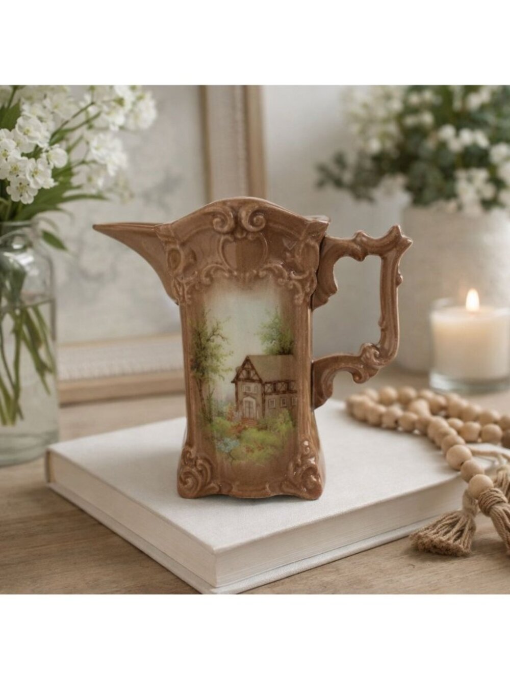 Vintage Hand Painted Porcelain Pitcher Signed Mary Jane G Cottage Scene Art Vase
